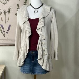 Y2k Embellished Ruffle Bell Sleeve Open Cardigan Sweater Fairy Cottage Forest  M